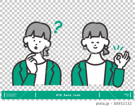 悩んでいる表情と解決して笑顔の表情の女性アイコンイメージベクター素材 88932132