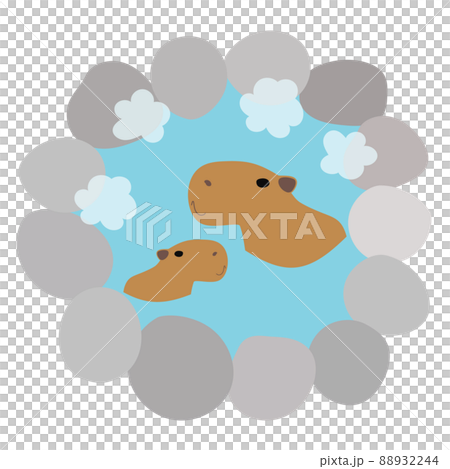 Illustration material of capybara parent and child taking an open-air bath Simple steam hot spring 88932244
