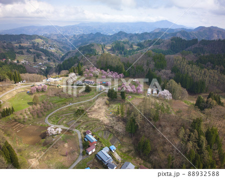 立屋の桜・番所の桜　長野県小川村（ドローンによる空撮） 88932588