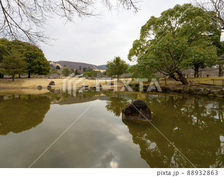奈良公園春日の園地の池と鹿 88932863