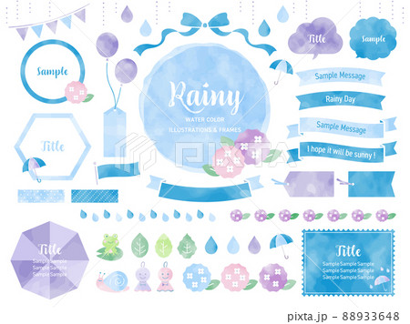 梅雨の水彩風イラストとフレームのセット / あじさい,雨,傘,初夏,植物,あしらい 88933648