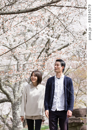 渓石園の桜　散歩をする男女 88934079
