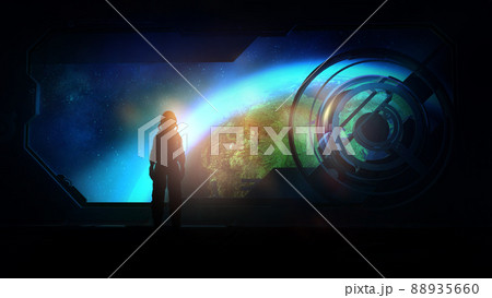 Astronaut in a spaceship orbiting the Earth, 3D render. 88935660
