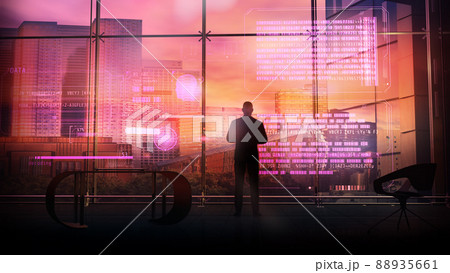 A man writes code using virtual reality panel, 3D render. 88935661