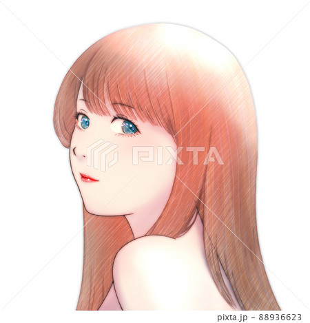 肩ごしに振り向いた髪の長い女性のカラーイラスト　茶髪　青い瞳 88936623