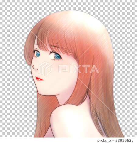 肩ごしに振り向いた髪の長い女性のカラーイラスト　茶髪　青い瞳 88936623