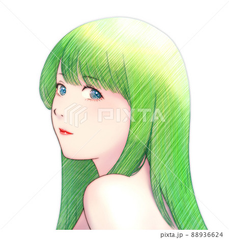 肩ごしに振り向いた髪の長い女性のカラーイラスト 緑の髪 青い瞳 肩ごしに振り向いた髪の長い女性のカラーイラスト 緑の髪 青い瞳 88936624