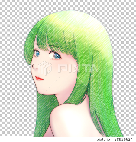 肩ごしに振り向いた髪の長い女性のカラーイラスト 緑の髪 青い瞳 肩ごしに振り向いた髪の長い女性のカラーイラスト 緑の髪 青い瞳 88936624