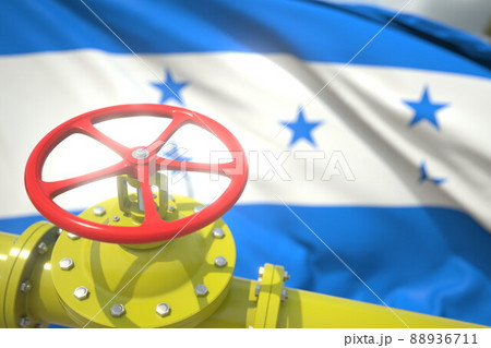 Gas or oil pipe valve and flag of Honduras. Conceptual 3d rendering Gas or oil pipe valve and flag of Honduras. Conceptual 3d rendering 88936711