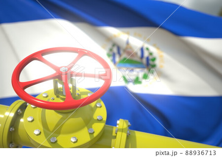 Gas or oil pipe valve and flag of El Salvador. Conceptual 3d rendering Gas or oil pipe valve and flag of El Salvador. Conceptual 3d rendering 88936713