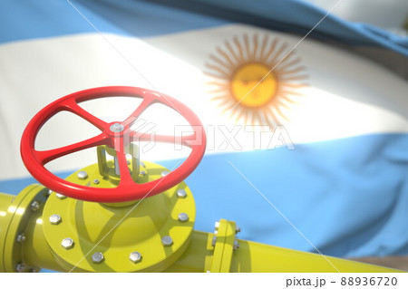 Gas or oil pipe valve and flag of Argentina. Conceptual 3d rendering Gas or oil pipe valve and flag of Argentina. Conceptual 3d rendering 88936720