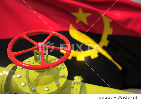 Waving flag of Angola and the gas or oil pipeline valve. Conceptual 3d rendering Waving flag of Angola and the gas or oil pipeline valve. Conceptual 3d rendering 88936721