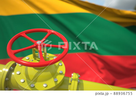 Waving flag of Lithuania and the gas or oil pipeline valve. Conceptual 3d rendering Waving flag of Lithuania and the gas or oil pipeline valve. Conceptual 3d rendering 88936755