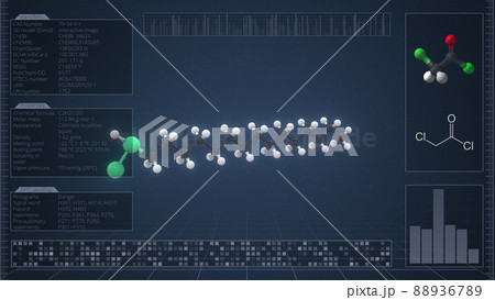 Molecule of chloracetyl chloride with infographics on the computer monitor, 3d rendering Molecule of chloracetyl chloride with infographics on the computer monitor, 3d rendering 88936789
