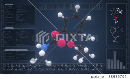 Carbofuran molecule with description on the computer screen, 3d rendering 88936795