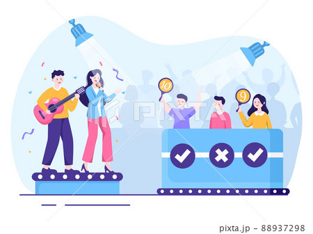 Talent Show with Contestants Displaying their Skill on Stage or Podium in Front of Judges Judging them in Cartoon Illustration Talent Show with Contestants Displaying their Skill on Stage or Podium in Front of Judges Judging them in Cartoon Illustration 88937298