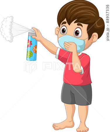 Little boy wearing mask and spray insect repellent 88937336