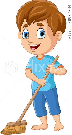 Cartoon little boy sweeping the floor Cartoon little boy sweeping the floor 88937344