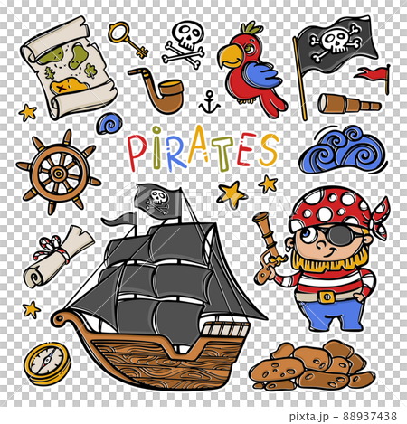 BLACK SAILS Sailboat With Skull Flag On Mast Hand Drawn Cartoon Pirate Stickers Clipart Sea Attributes And Objects Vector Illustration Set For Design And Print 88937438
