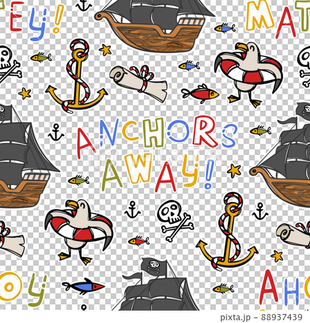 ANCHORS AWAY Sailboat With Black Sails Cartoon Hand Drawn Picture Seamless Pattern Vector Illustration On Blue Background Sea Attributes Fairy Tale For Print 88937439
