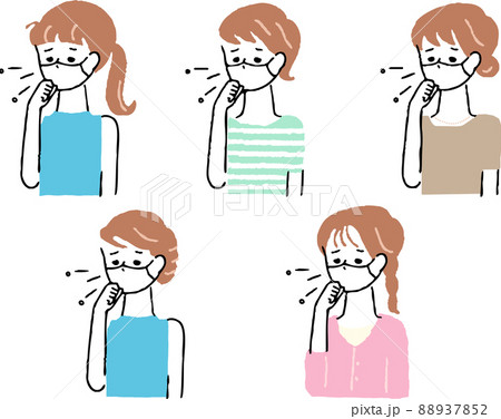 コロナ禍で体調不良の症状があるマスクをしている複数の女性のシンプルなイラスト コロナ禍で体調不良の症状があるマスクをしている複数の女性のシンプルなイラスト 88937852