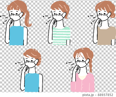 コロナ禍で体調不良の症状があるマスクをしている複数の女性のシンプルなイラスト コロナ禍で体調不良の症状があるマスクをしている複数の女性のシンプルなイラスト 88937852