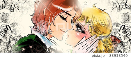 70年代少女漫画イケメン王子と突然の口づけをする金髪縦ロールお姫様のイラストと薔薇背景 88938540