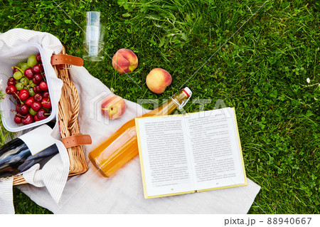 picnic basket, food, drinks and book on grass 88940667