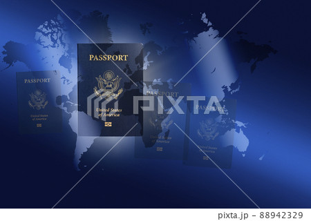 US passports against blue world map, digital composite US passports against blue world map, digital composite 88942329