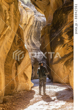 United States, Utah, Escalante, Rear view of senior hiker exploring slot canyon in Grand Staircase Escalante National Monument United States, Utah, Escalante, Rear view of senior hiker exploring slot canyon in Grand Staircase Escalante National Monument 88942561