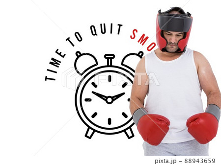 Caucasian male boxer against clock icon with time to quit smoking text on white background Caucasian male boxer against clock icon with time to quit smoking text on white background 88943659