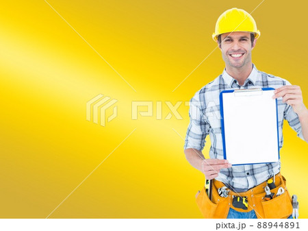 Caucasian male architect holding a clipboard against copy space on yellow gradient background Caucasian male architect holding a clipboard against copy space on yellow gradient background 88944891