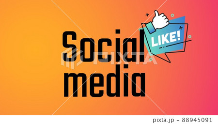 Illustration of social media and like text with thumbs up icon over orange background, copy space 88945091