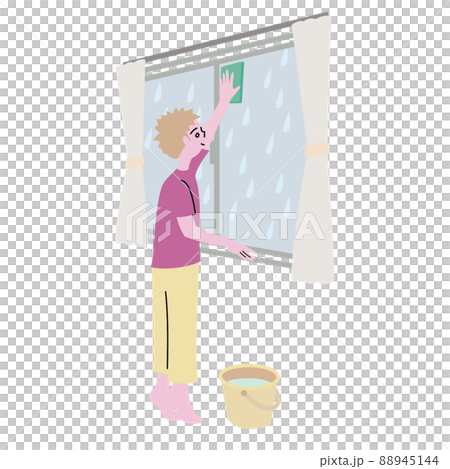 Illustration of a man cleaning windows while stretching on a rainy day Illustration of a man cleaning windows while stretching on a rainy day 88945144
