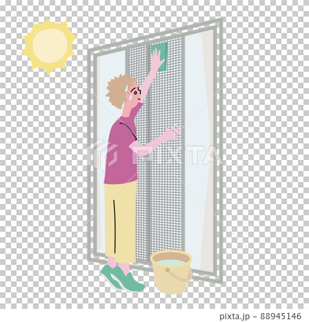 Illustration of a man cleaning a screen door while stretching his back 88945146