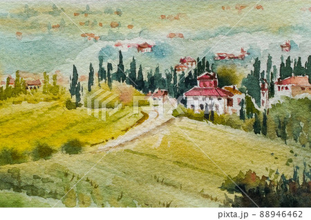 プロヴァンス地方の小さな村 水彩画 風景画 プロヴァンス地方の小さな村 水彩画 風景画 88946462