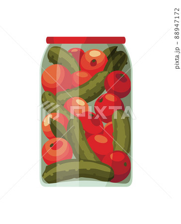 Jar preserved vegetables. Can of pickled cucumbers or pickles and tomatoes. Cartoon canned food in glass. Grocery conserve container Jar preserved vegetables. Can of pickled cucumbers or pickles and tomatoes. Cartoon canned food in glass. Grocery conserve container 88947172