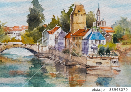 フランスの小さな街並み 水彩画 風景画 フランスの小さな街並み 水彩画 風景画 88948079