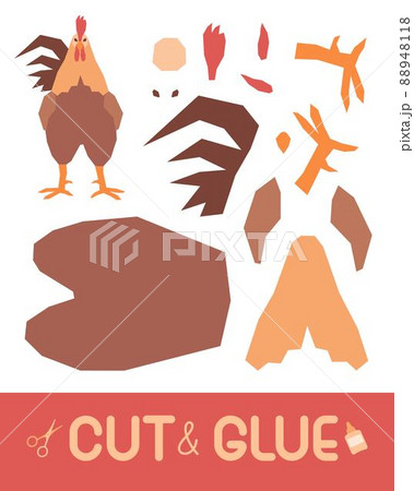 A rooster, a bird standing straight, a full face image of a village pet. Education paper game for children. Use scissors and glue to create the image. Vector illustration in flat style. 88948118
