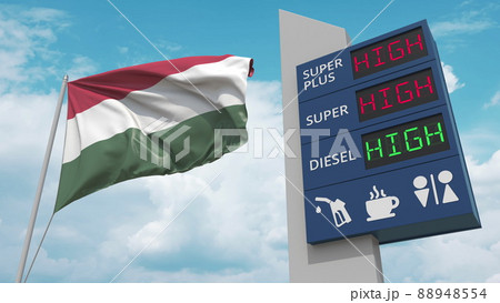 Gas station sign board with rising fuel prices and national flag of Hungary, conceptual 3D rendering 88948554