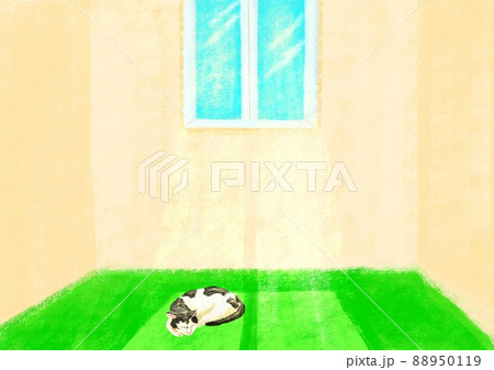クレヨンで描いた家の窓から温かい光が差して、猫が気持ち良さそうにお昼寝をしている 88950119