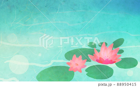 箔入り和紙テクスチャの睡蓮の池和風背景イラスト赤い花のナチュラルカラー 88950415