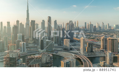 Panoramic skyline of Dubai with business bay and downtown district timelapse. Panoramic skyline of Dubai with business bay and downtown district timelapse. 88951741