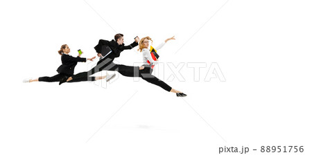 Flyer with excited men and women wearing business outfits jumping, running isolated on white background. Ballet dancers. Business, start-up, motion concept. 88951756
