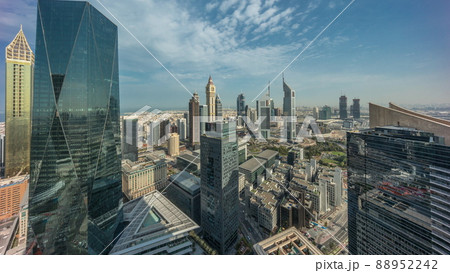 Panorama of futuristic skyscrapers in financial district business center in Dubai on Sheikh Zayed road timelapse 88952242