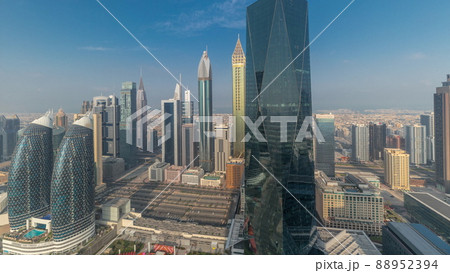 Panorama of futuristic skyscrapers in financial district business center in Dubai on Sheikh Zayed road timelapse 88952394