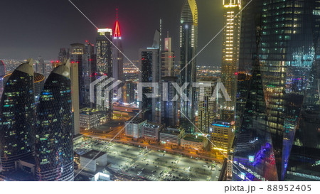 Financial center of Dubai city with luxury skyscrapers all night timelapse, Dubai, United Arab Emirates 88952405