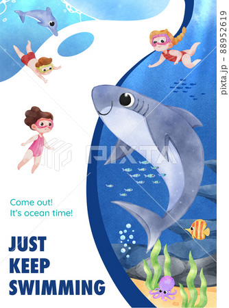 Poster template with explore ocean world concept,watercolor style Poster template with explore ocean world concept,watercolor style 88952619