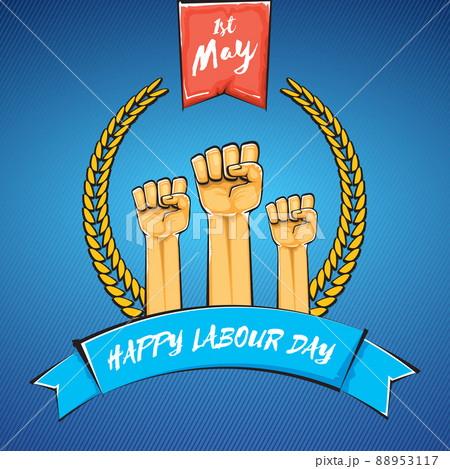 Happy labour day vector label with strong orange fist isolated on blue background. vector happy labor day background with man hand. red workers may day poster 88953117