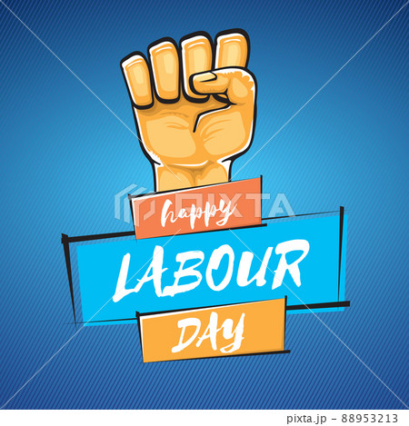 Happy labour day vector label with strong orange fist isolated on blue background. vector happy labor day background with man hand. red workers may day poster 88953213